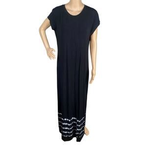 Figwood Black White Tie Dye Stripe Boho Hippie Cotton Maxi Shirt Dress SZ L